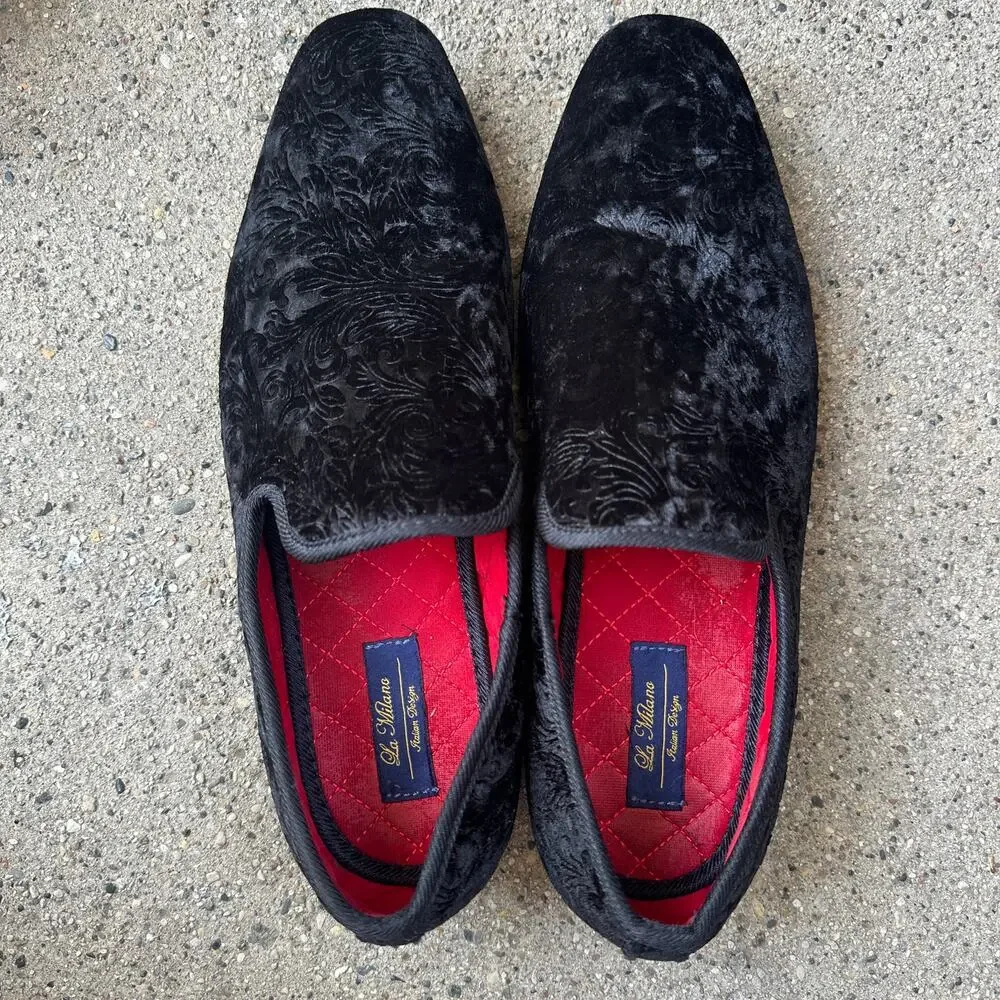 La Milano Black Velvet Brocade Smoking Loafers Broderick II Men's UK Sz 10 US 11